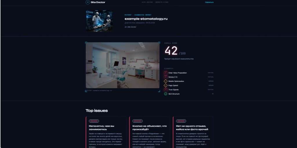 Site Doctor — report: score, zone statuses, and top issues